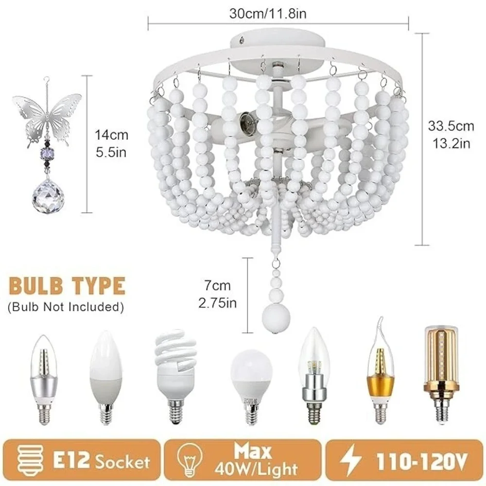 Boho Wood Bead Chandelier White Style Hanging Light Fixture Bohemia 12x13